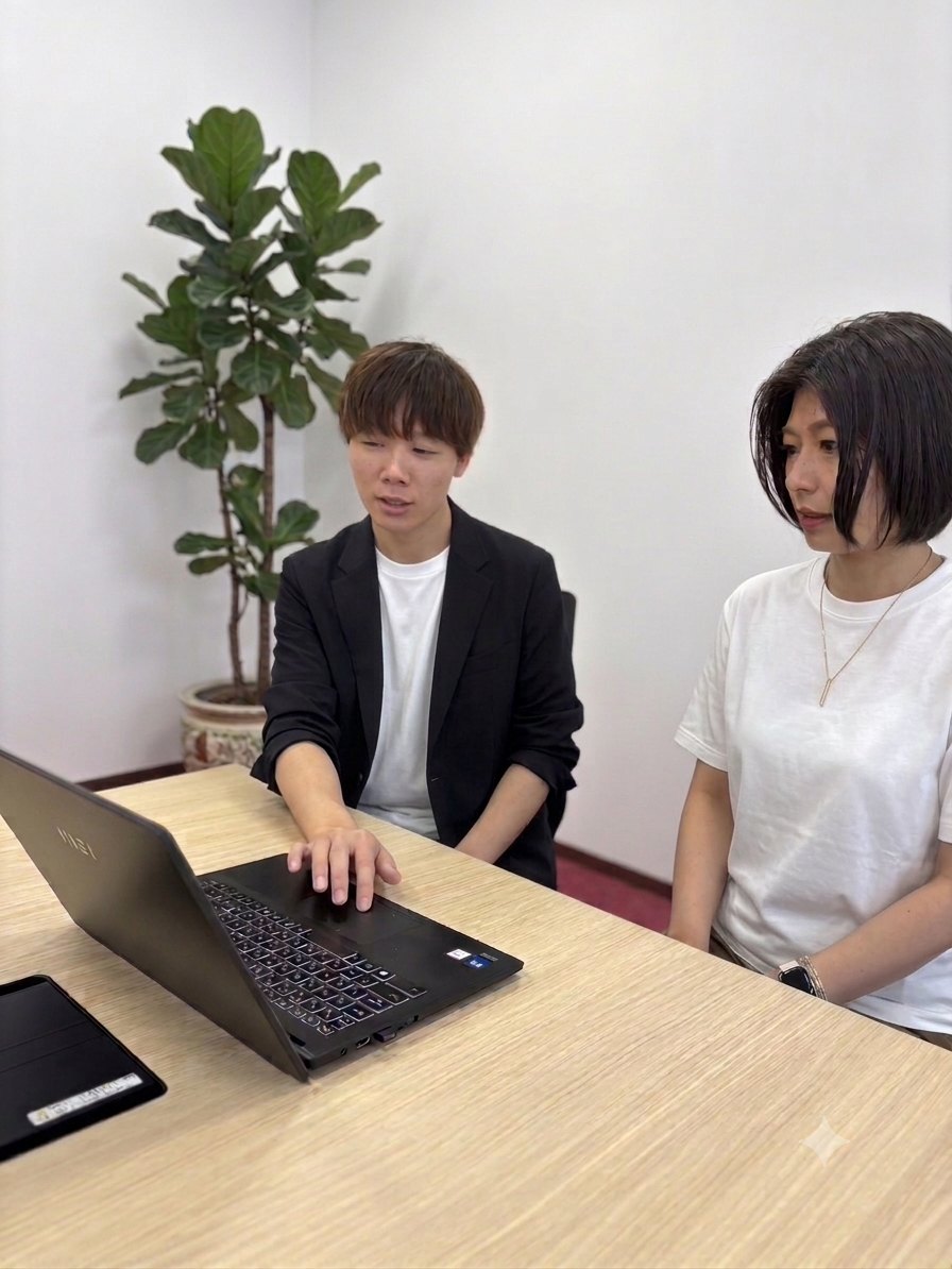 先輩とコードレビューをする様子